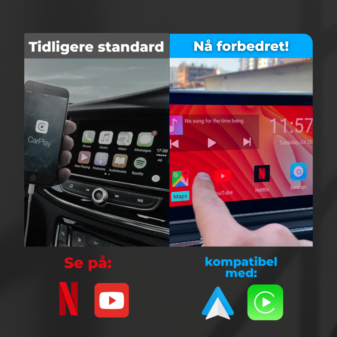 Trådløs CarPlay/Android-bilboks med YouTube + Netflix